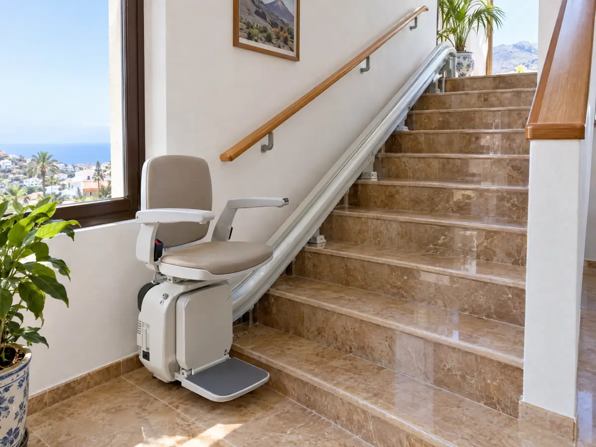 Escalera residencial con silla salvaescaleras y pasamanos continuo