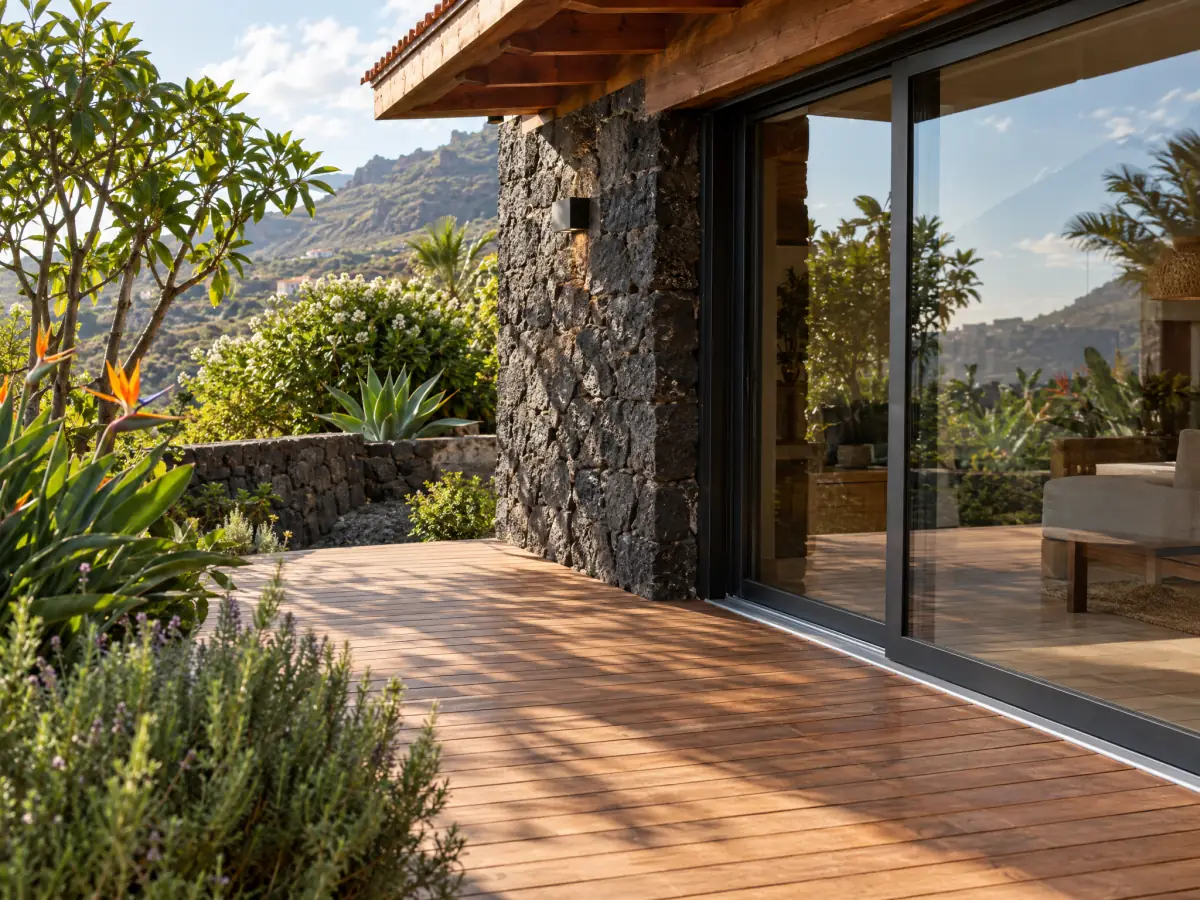 Terraza de un chalet reformado con tarima nueva junto a un muro de piedra volcánica