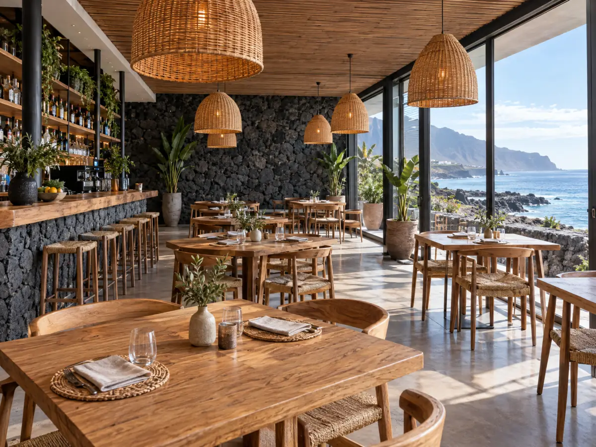 Comedor de restaurante reformado con muro de piedra volcánica y ventanales al mar