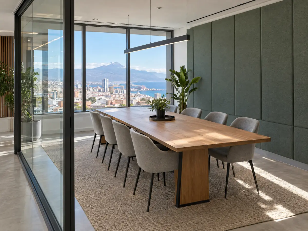 Sala de reuniones reformada con mampara de vidrio y paneles acústicos