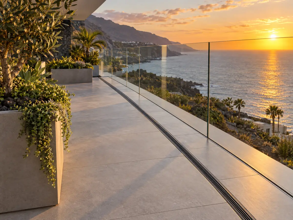Terraza con porcelánico exterior, sumidero lineal y barandilla de vidrio al atardecer