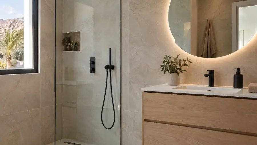 Baño reformado con ducha a ras de suelo, mampara de vidrio y mueble suspendido de roble
