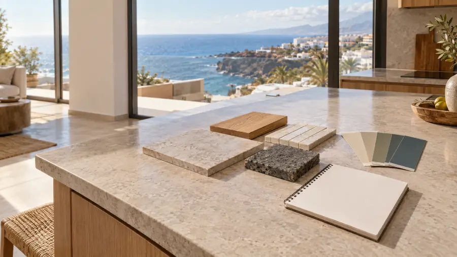 Muestras de azulejo, madera, piedra y pintura sobre la isla de una cocina con vistas al mar