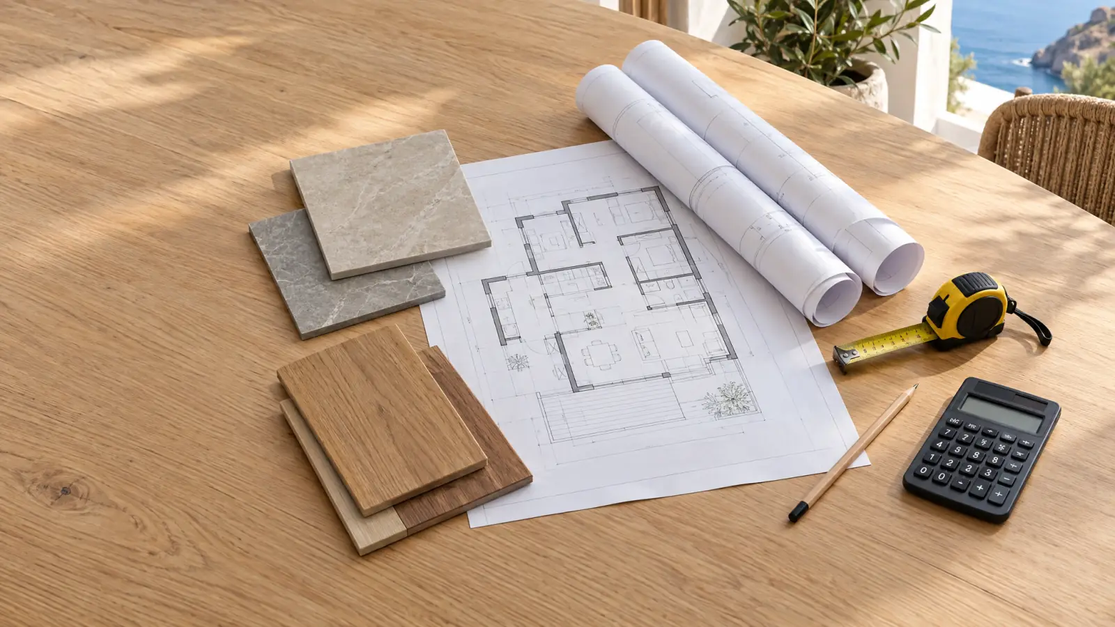 Planos, muestras de porcelánico y madera, flexómetro y calculadora sobre una mesa de roble (recreación ilustrativa)