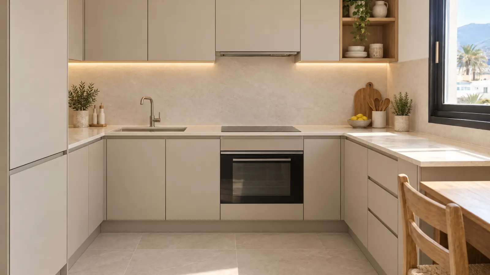 Cocina reformada con muebles lisos color arena, encimera clara e iluminación LED (recreación ilustrativa)