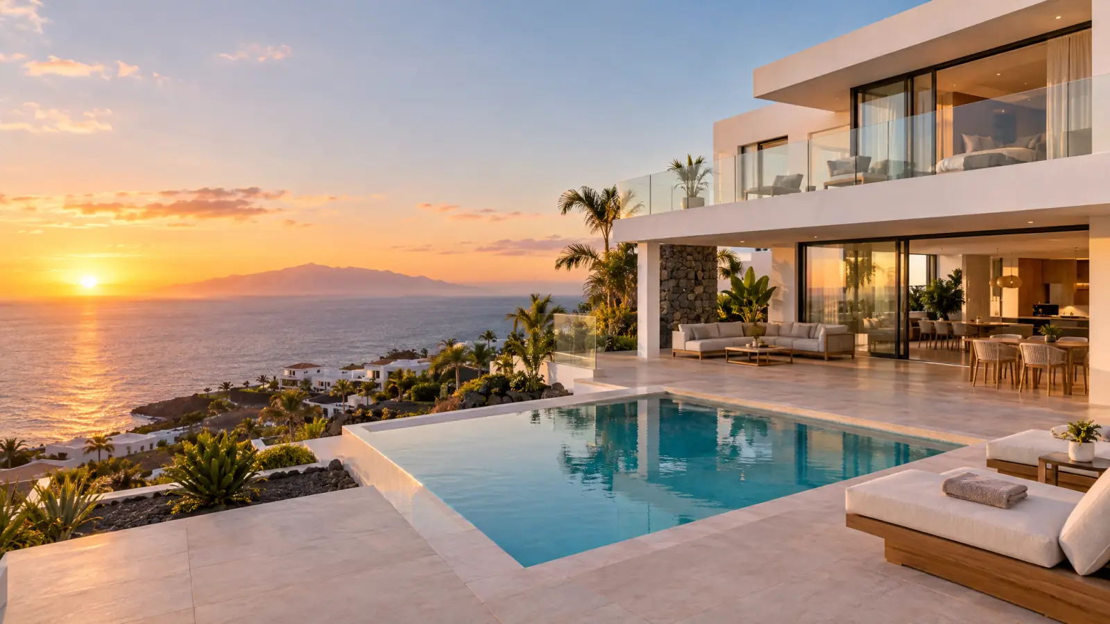 Villa contemporánea en Costa Adeje con piscina y La Gomera en el horizonte (recreación ilustrativa)