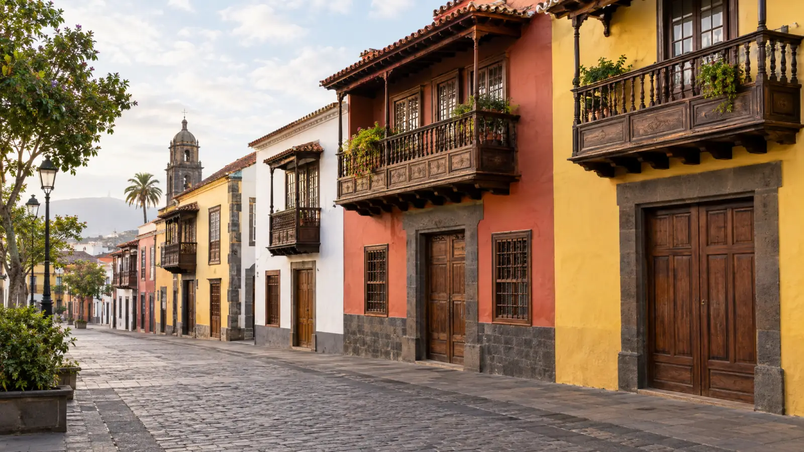 Calle del casco histórico de La Laguna con casas coloniales y balcones de madera (recreación ilustrativa)