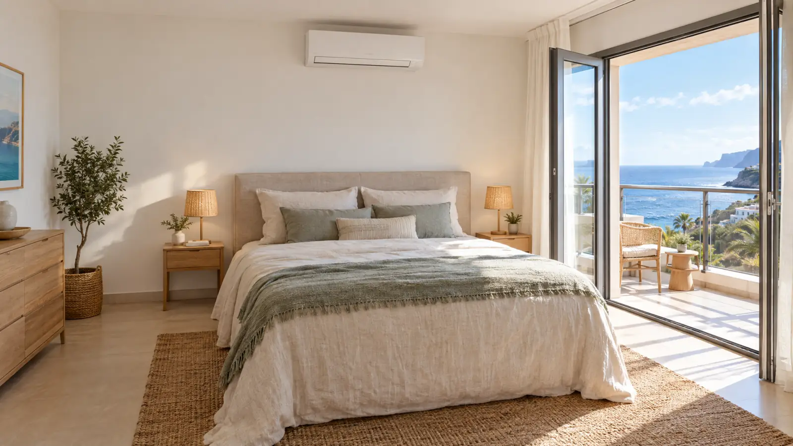 Dormitorio reformado con aire acondicionado de pared y balcón abierto al mar (recreación ilustrativa)