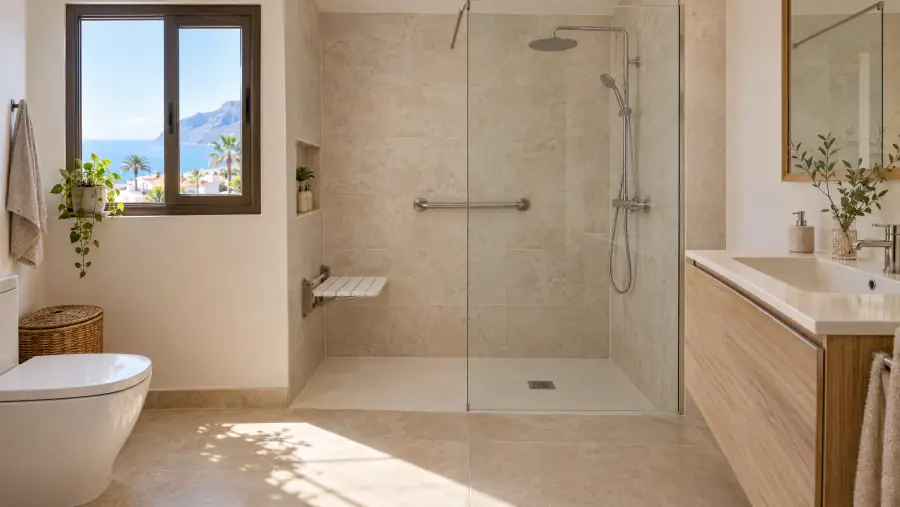 Baño en el que la bañera se ha sustituido por un plato de ducha a ras de suelo con asiento y barra