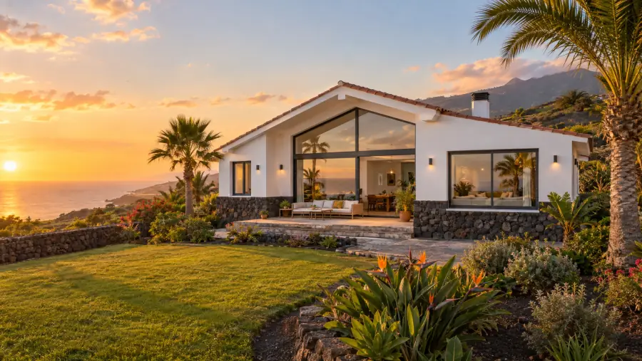 Chalet reformado en las medianías de Tenerife, con piedra volcánica, jardín y vistas al mar