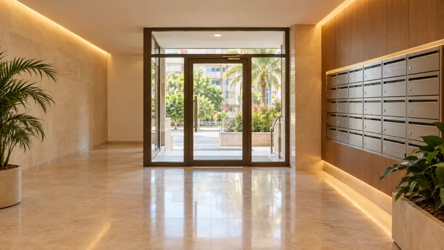 Portal reformado de un edificio de los años setenta en Santa Cruz de Tenerife