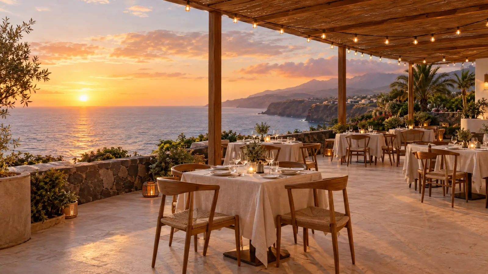 Terraza de restaurante reformada frente al océano en Tenerife al atardecer (recreación ilustrativa)