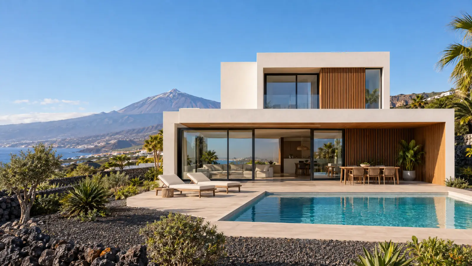 Vivienda unifamiliar de obra nueva en Tenerife, con volúmenes blancos, madera y el Teide al fondo (recreación ilustrativa)