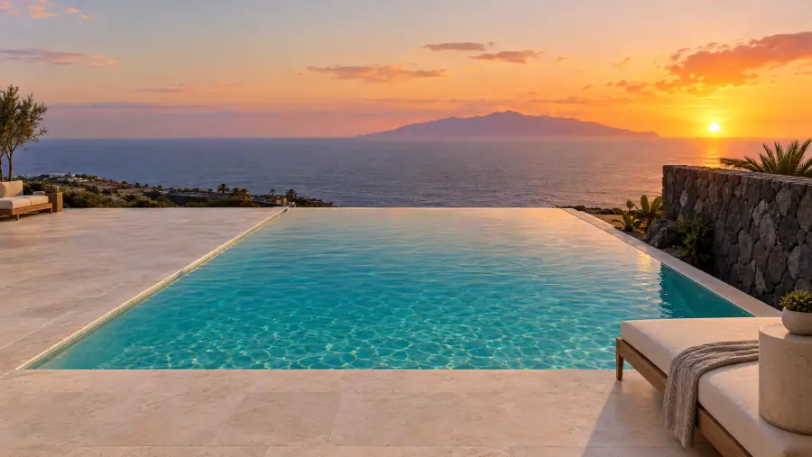 Piscina desbordante reformada en el sur de Tenerife con muro de piedra volcánica y vistas al mar