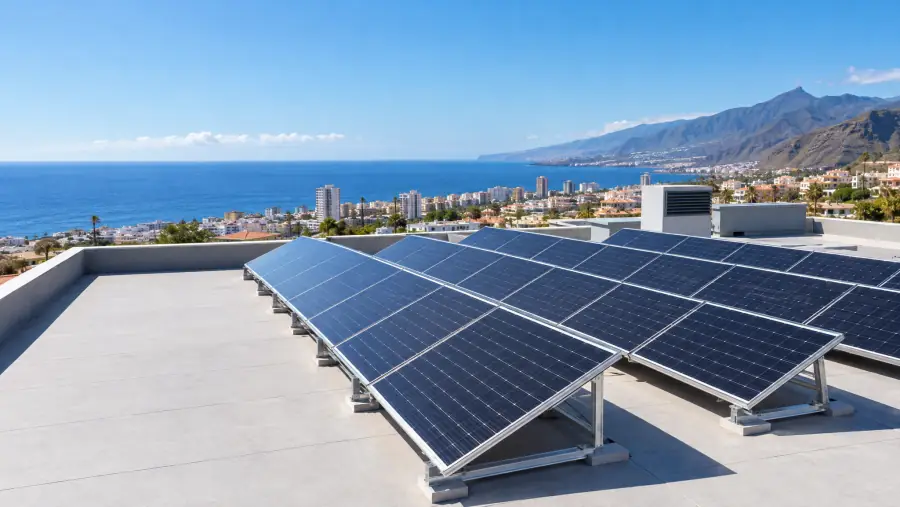 Azotea en Tenerife con placas solares de autoconsumo, la ciudad y el mar al fondo