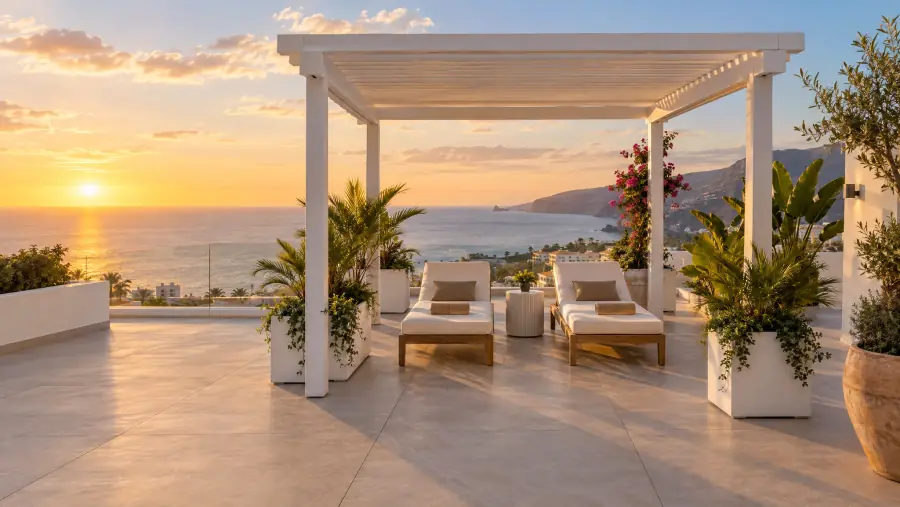 Terraza y solárium reformados con porcelánico exterior, pérgola y vistas al océano