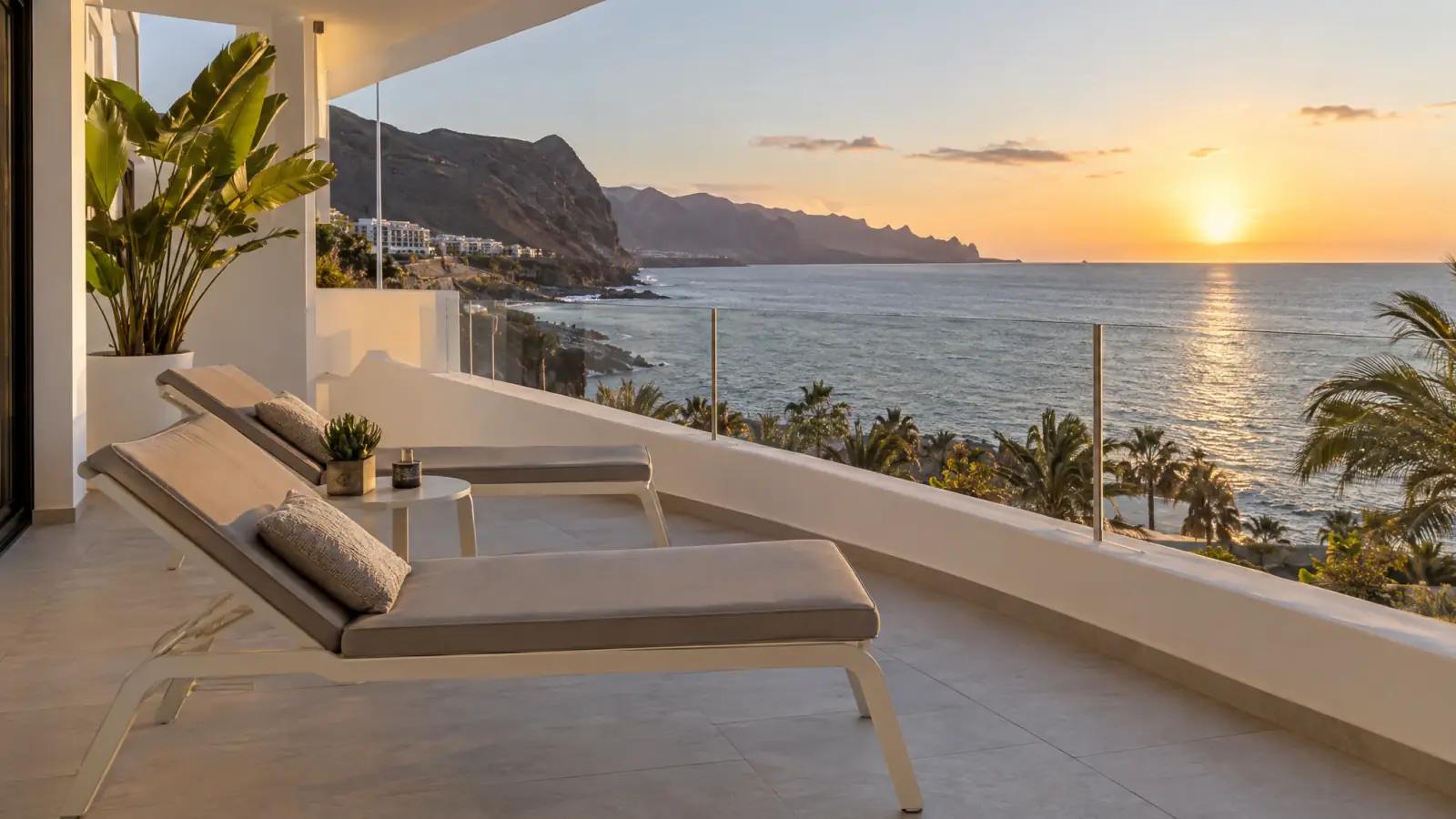 Terraza de un apartamento reformado en el sur de Tenerife con vistas al océano al atardecer (recreación ilustrativa)