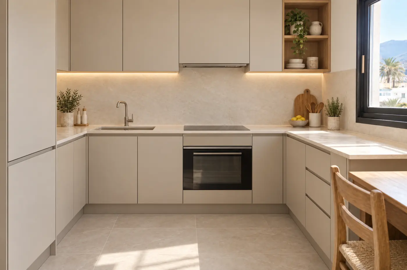 La misma cocina después de la reforma: muebles lisos color arena, encimera clara, electrodomésticos integrados e iluminación LED